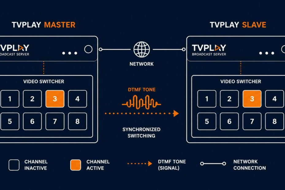 Interface do módulo DTMF do TVPLAY-MASTER mostrando os gatilhos de break-in e break-out entre duas máquinas