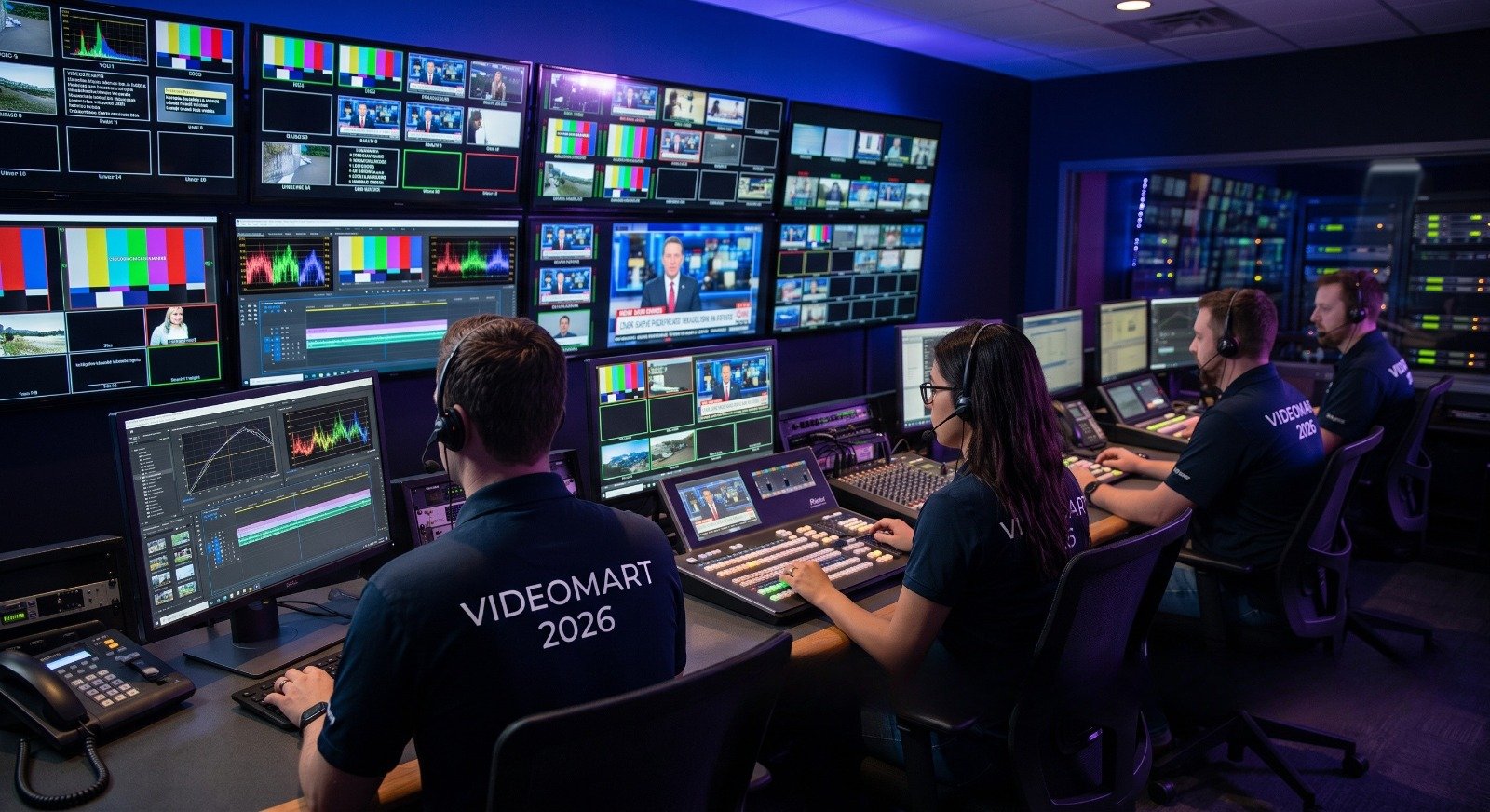 Sala de master control Videomart — operação profissional de transmissão broadcast