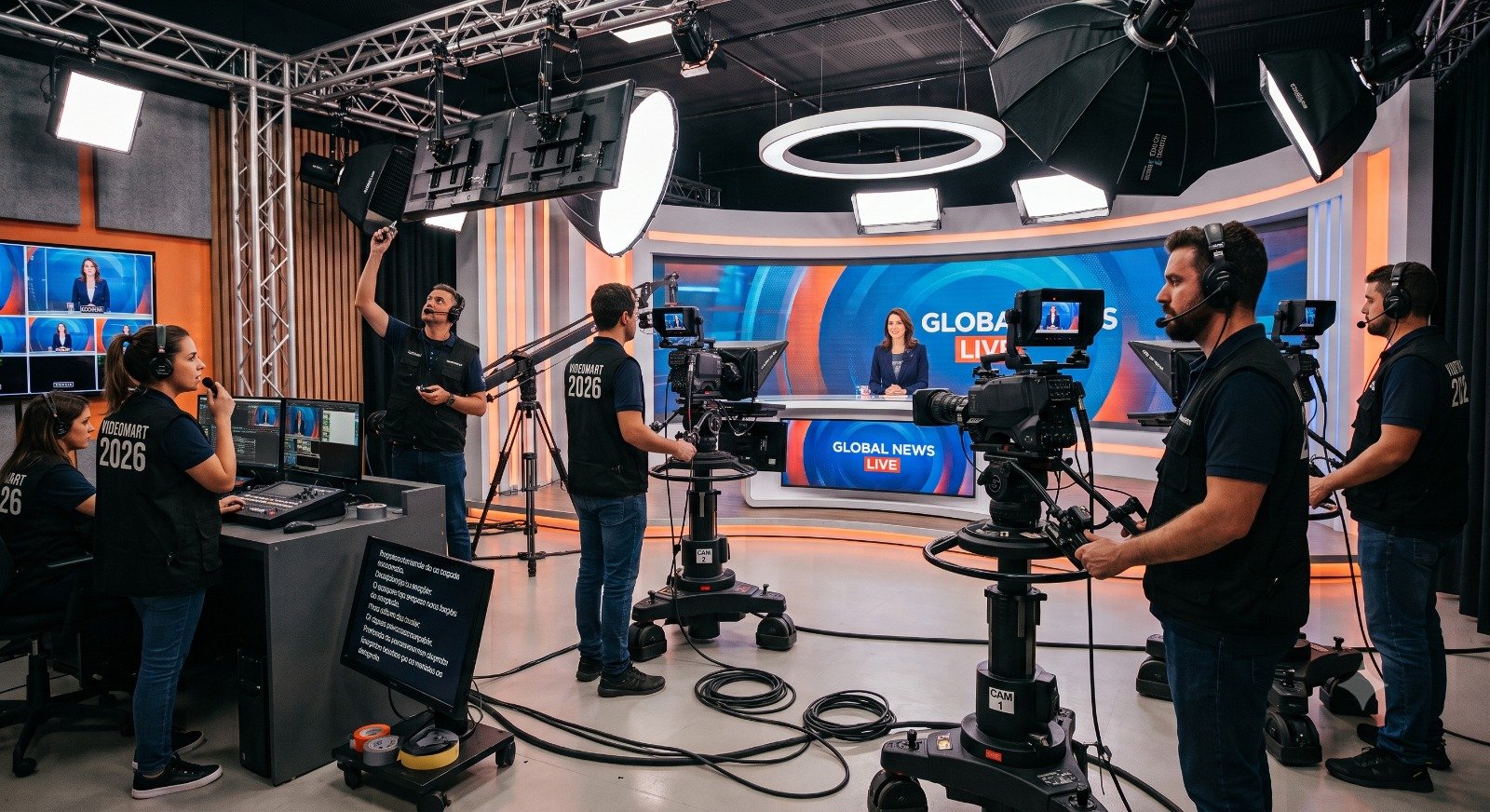 Equipe Videomart em estúdio de TV ao vivo — câmeras, apresentadora e operadores broadcast